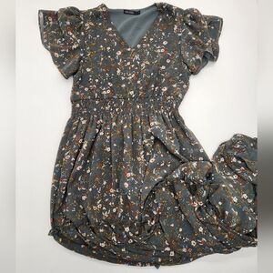 Mikarose Gray Floral Maxi Dress Puff Sleeve Smocked Waist Modest Size M